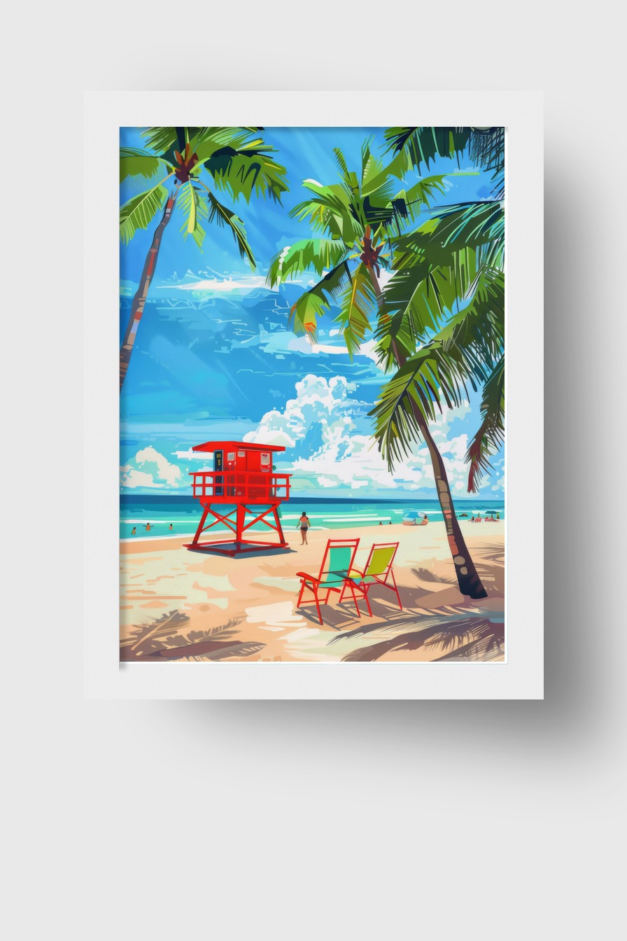 Digitale Kunst Poster Rettungsturm rot Palmen Strand blau