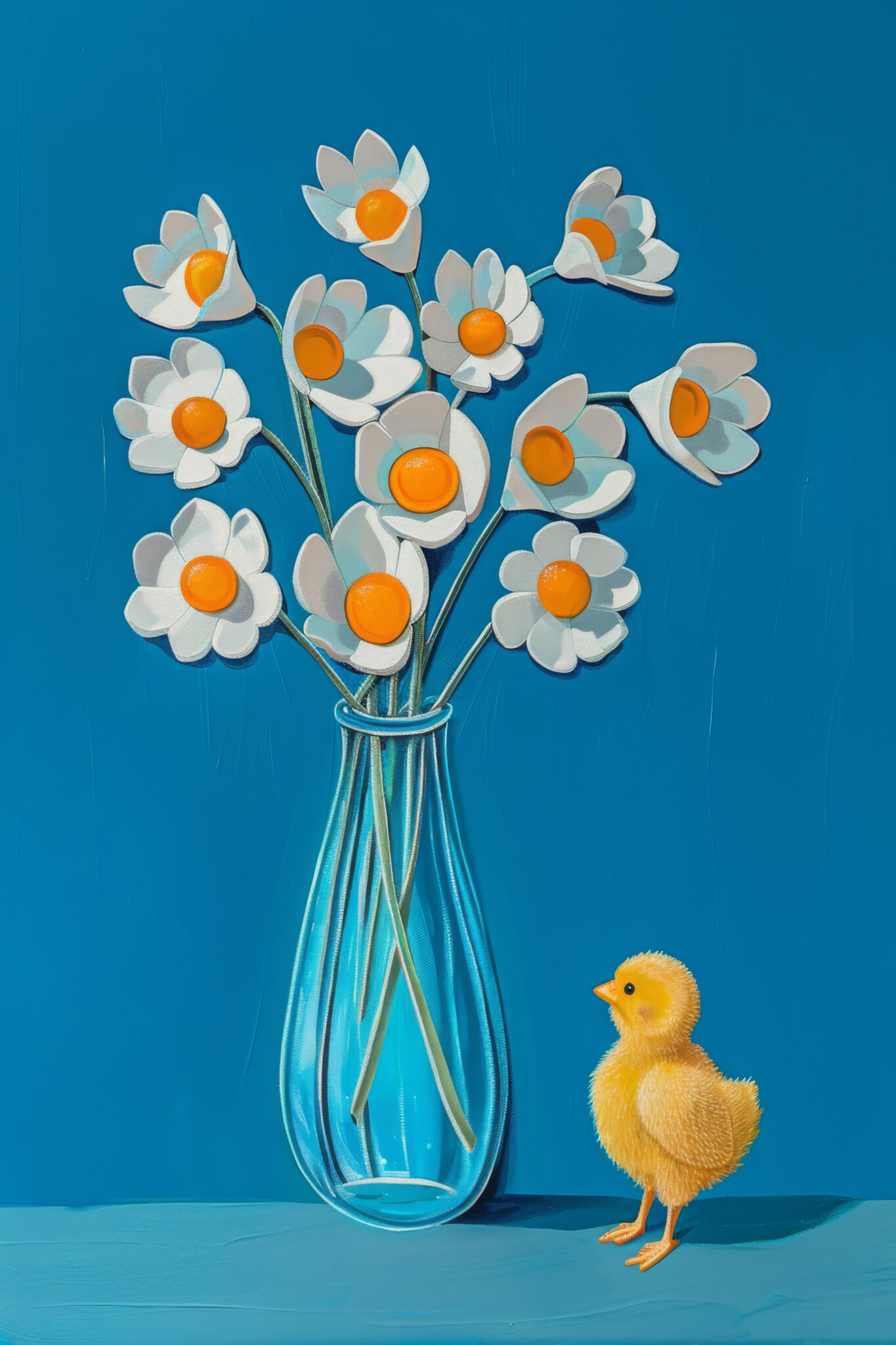 Illustration Poster Blumen weiße orange Mitte gelb Küken blau
