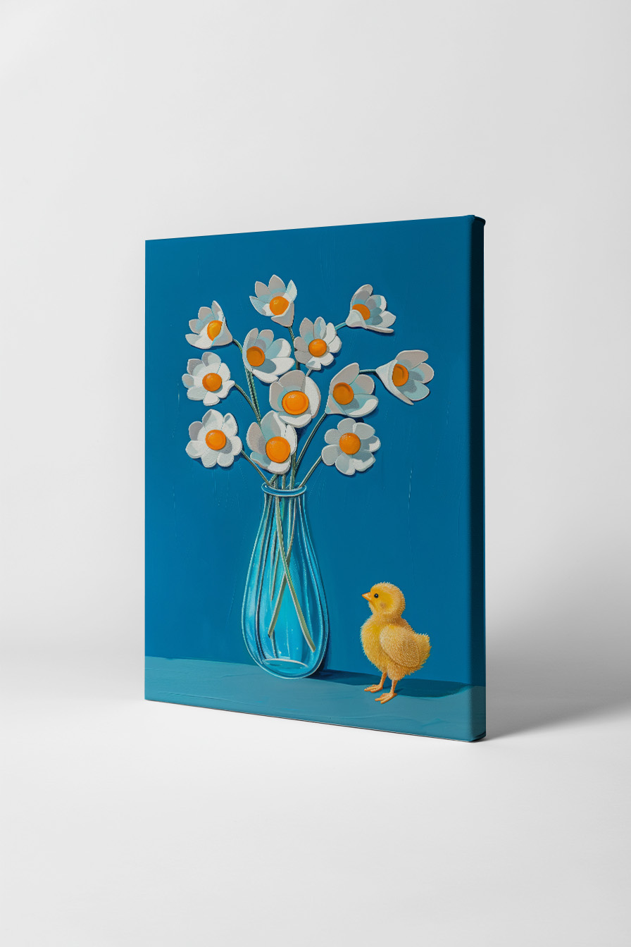 Illustration Poster Blumen weiße orange Mitte gelb Küken blau