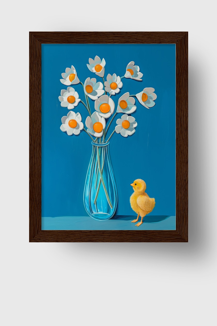 Illustration Poster Blumen weiße orange Mitte gelb Küken blau