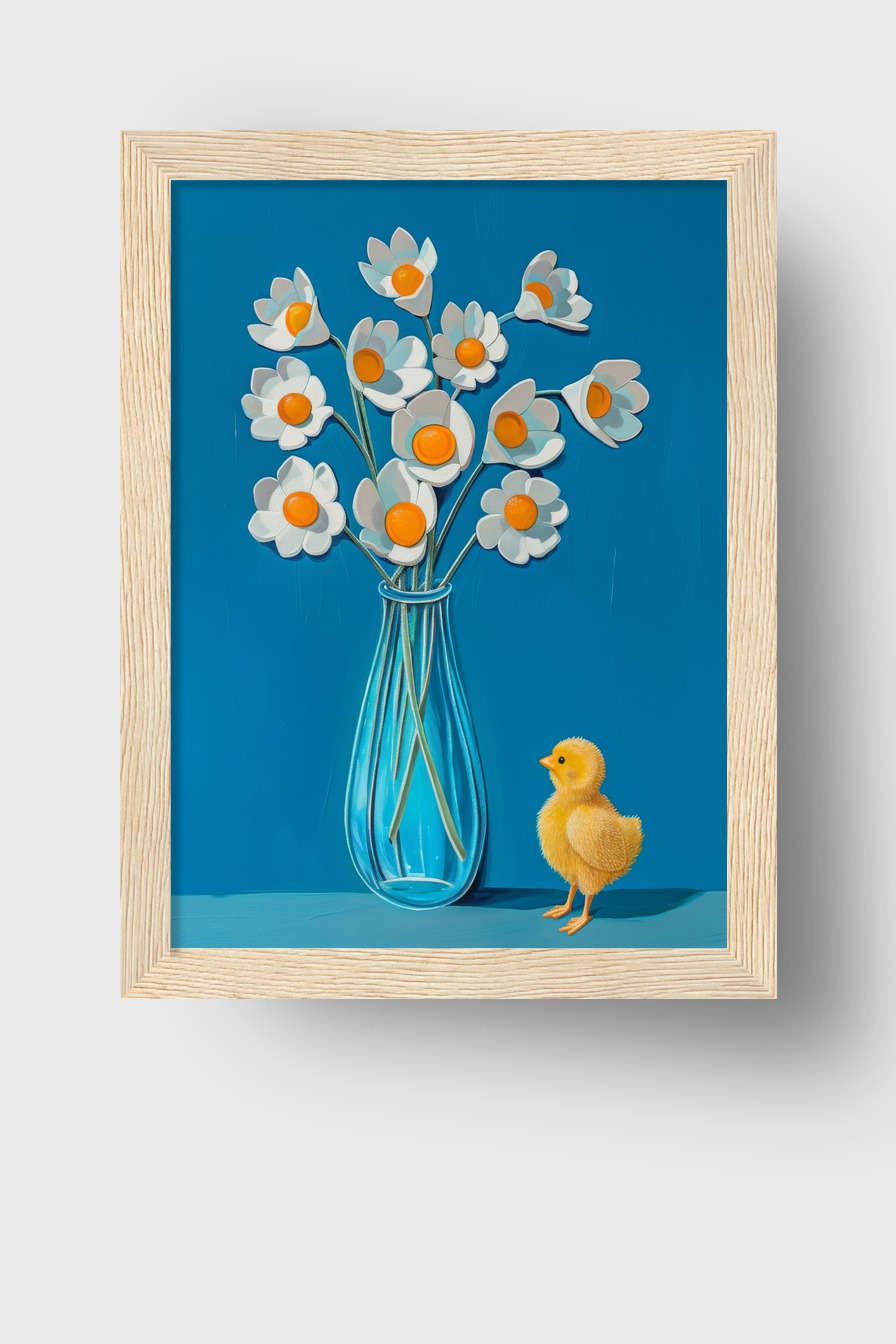 Illustration Poster Blumen weiße orange Mitte gelb Küken blau