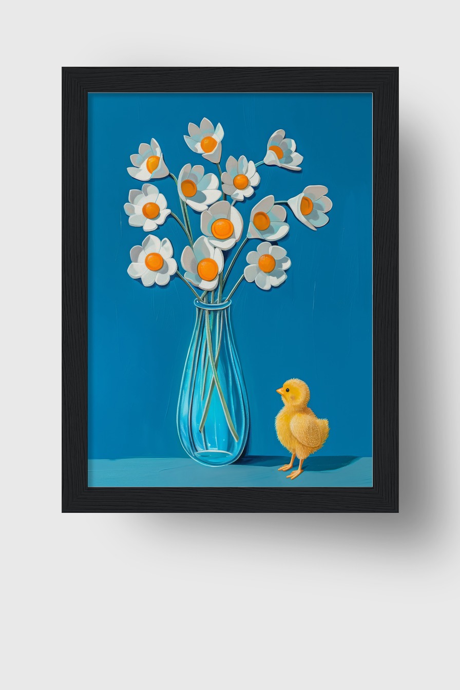 Illustration Poster Blumen weiße orange Mitte gelb Küken blau