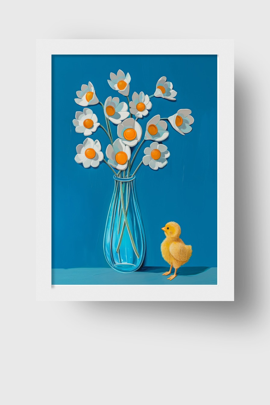 Illustration Poster Blumen weiße orange Mitte gelb Küken blau