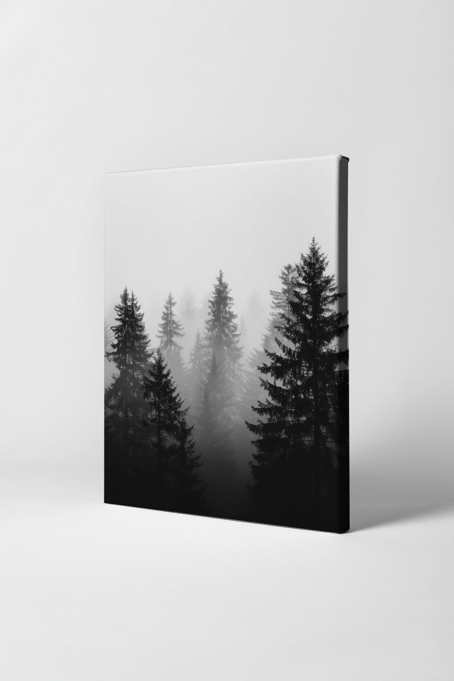 Fotografie Poster Tannenwald Nebel schwarz-weiß