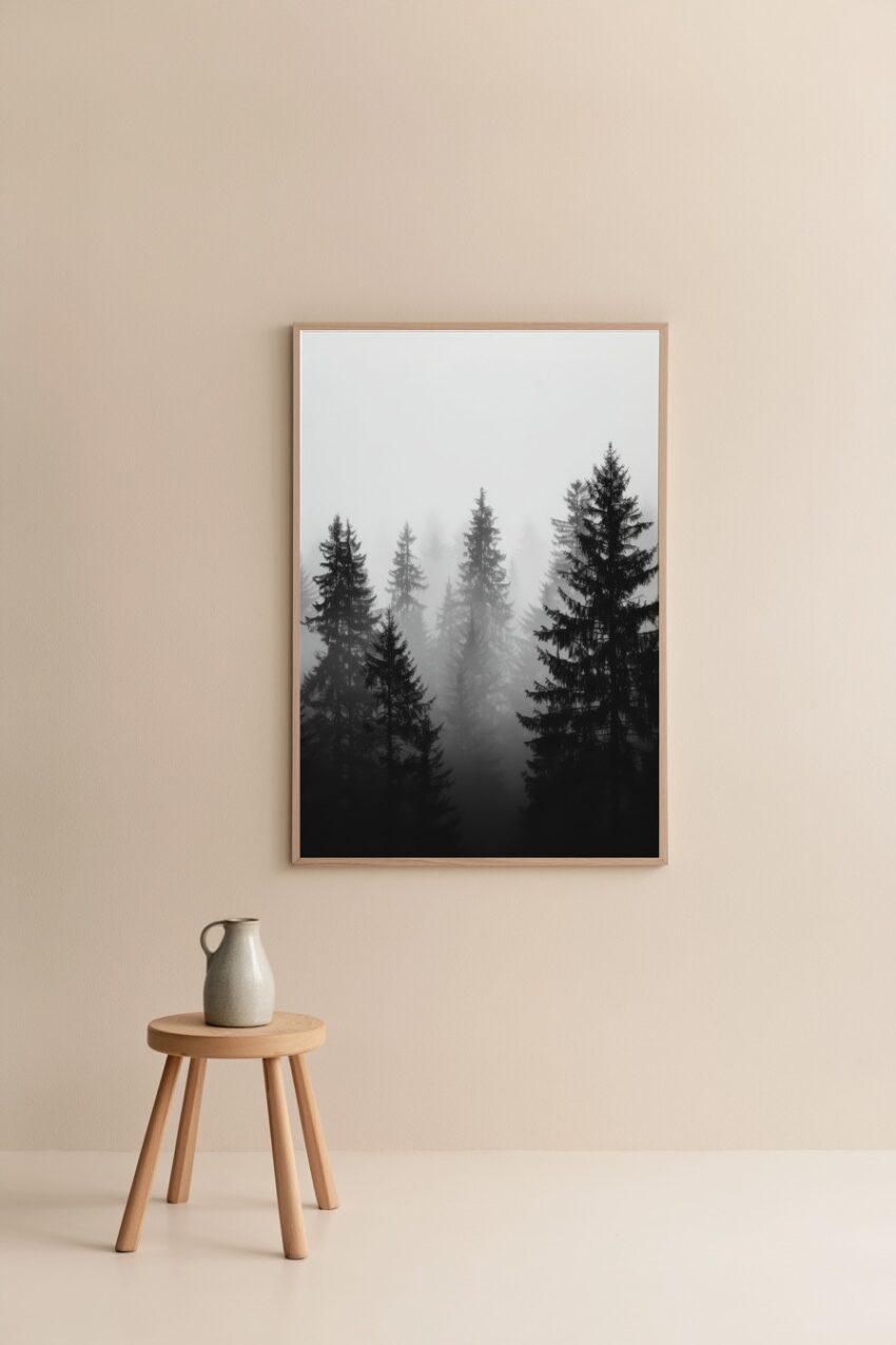 Fotografie Poster Tannenwald Nebel schwarz-weiß