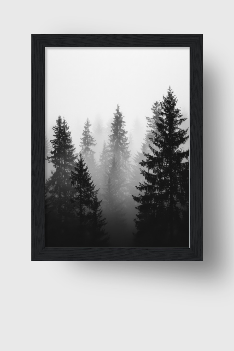 Fotografie Poster Tannenwald Nebel schwarz-weiß