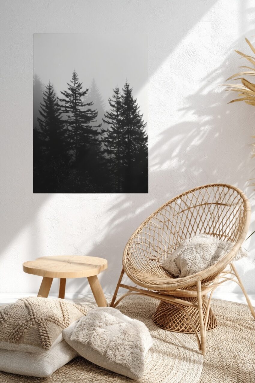 Fotografie Poster Wald Nebel schwarz-weiß