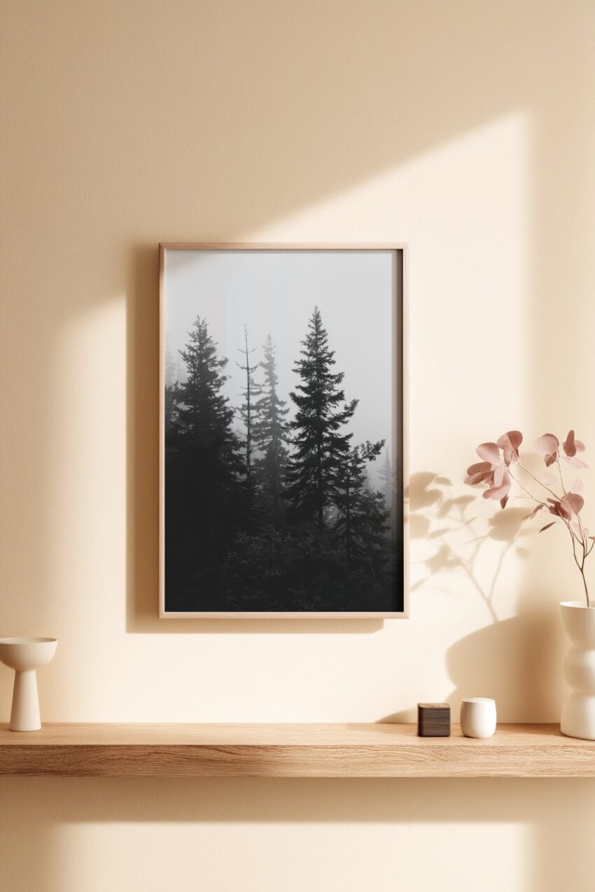 Fotografie Poster Tannen Nebel Schwarz-Weiß ruhige Atmosphäre