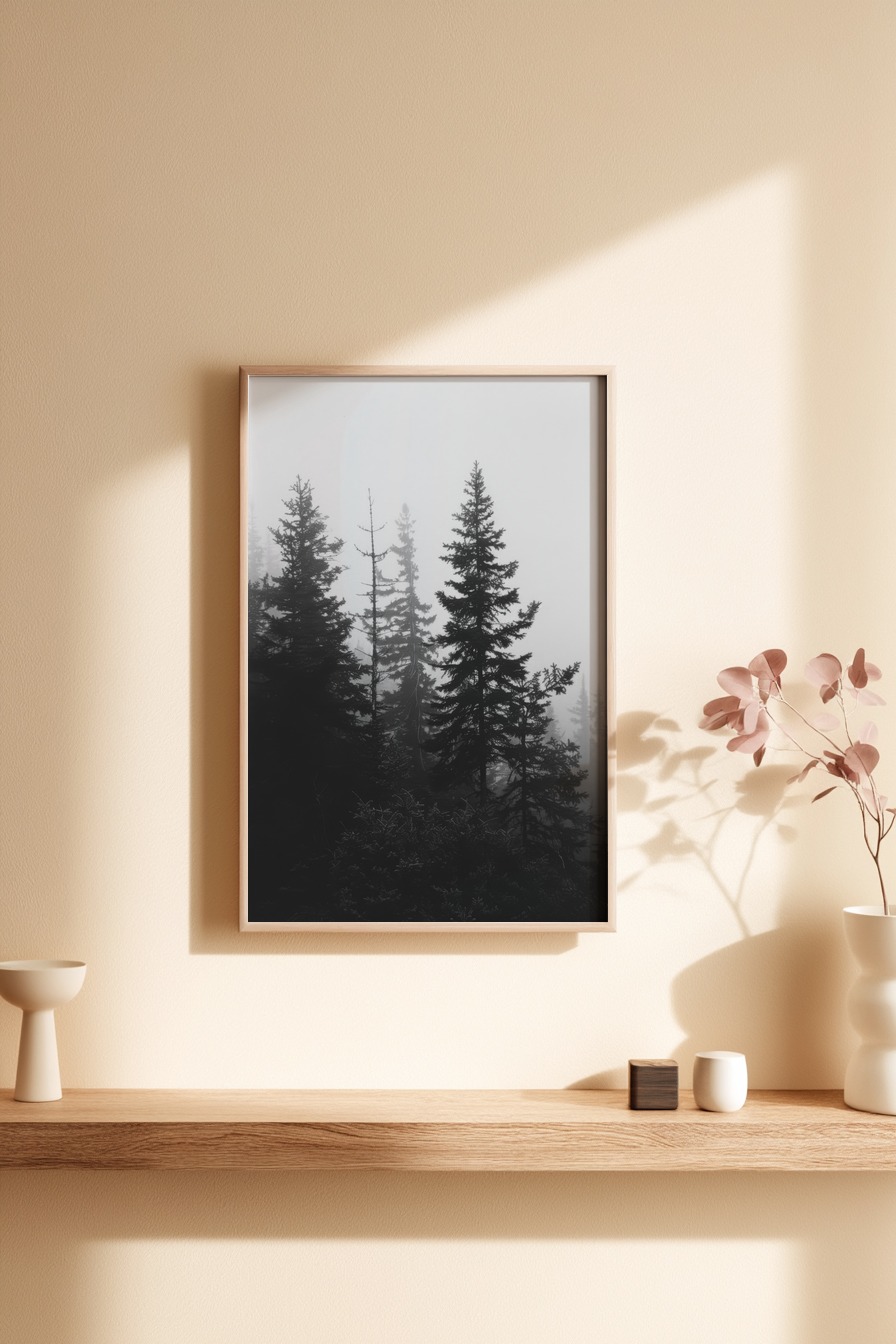 Fotografie Poster Tannen Nebel Schwarz-Weiß ruhige Atmosphäre