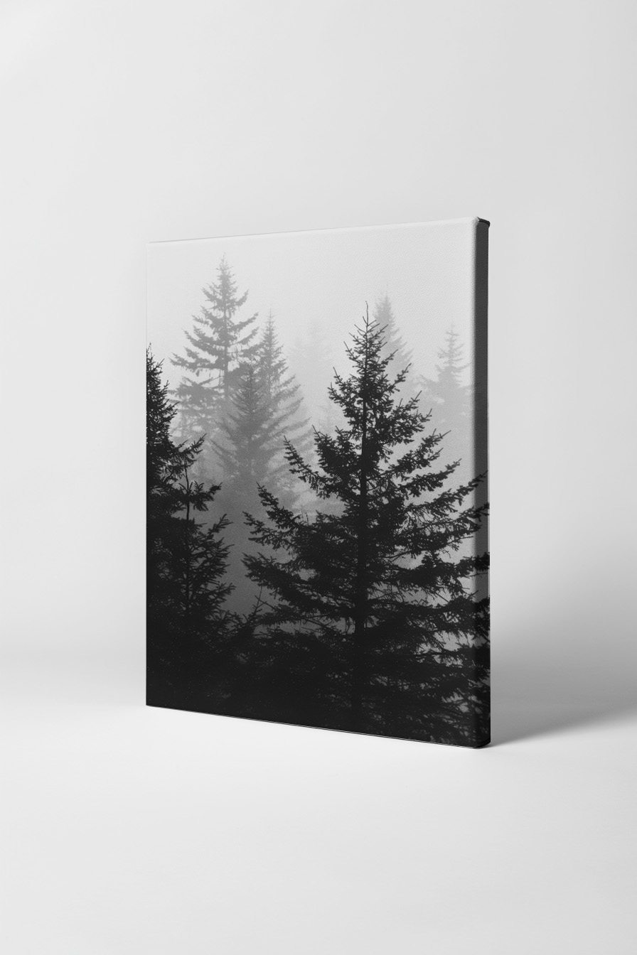 Fotografie Poster Nebelwald schwarz weiß Tannen