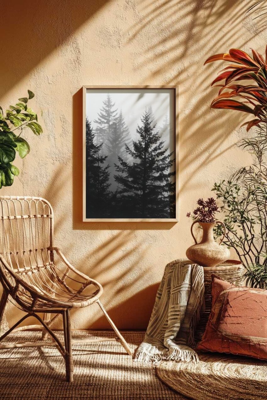 Fotografie Poster Nebelwald schwarz weiß Tannen