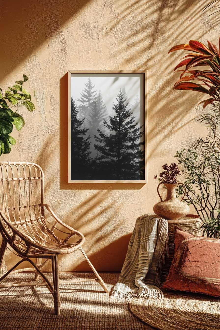 Fotografie Poster Nebelwald schwarz weiß Tannen