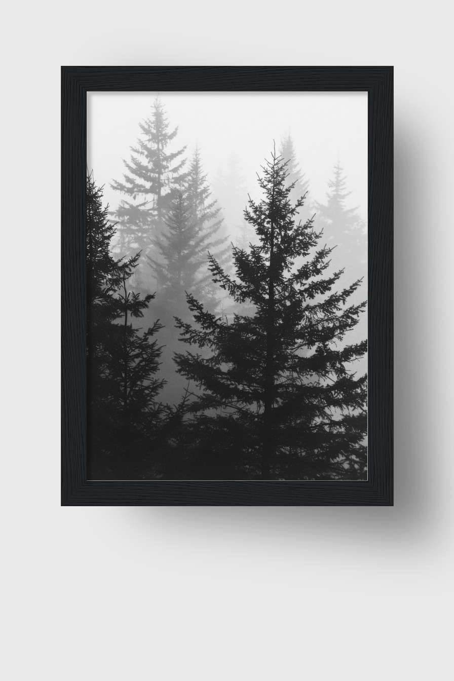 Fotografie Poster Nebelwald schwarz weiß Tannen