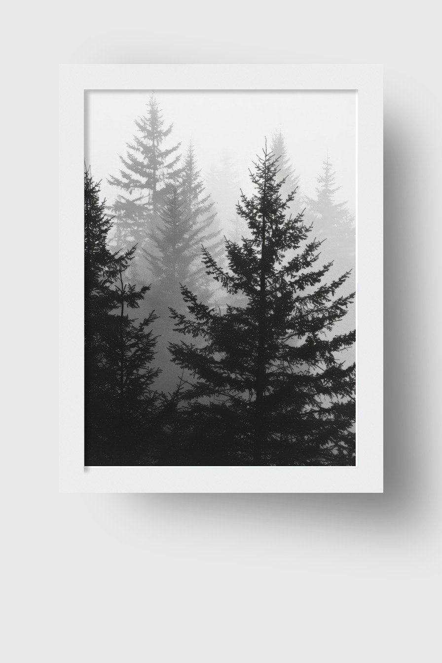Fotografie Poster Nebelwald schwarz weiß Tannen