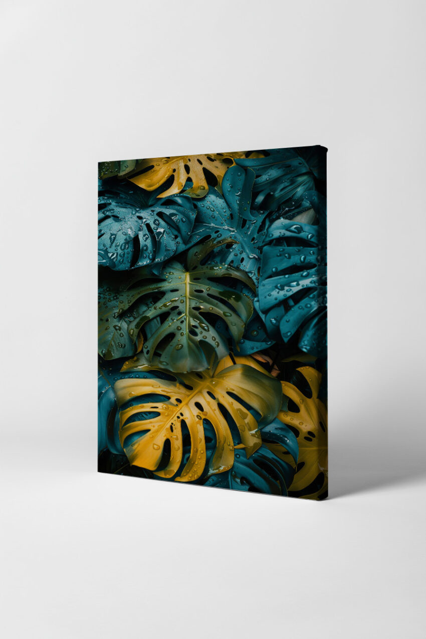 Fotografie Poster Monstera Tropfen Blau Gelb detailreich