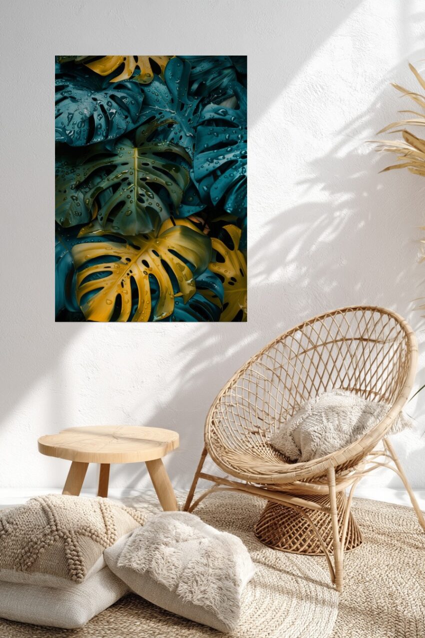 Fotografie Poster Monstera Tropfen Blau Gelb detailreich