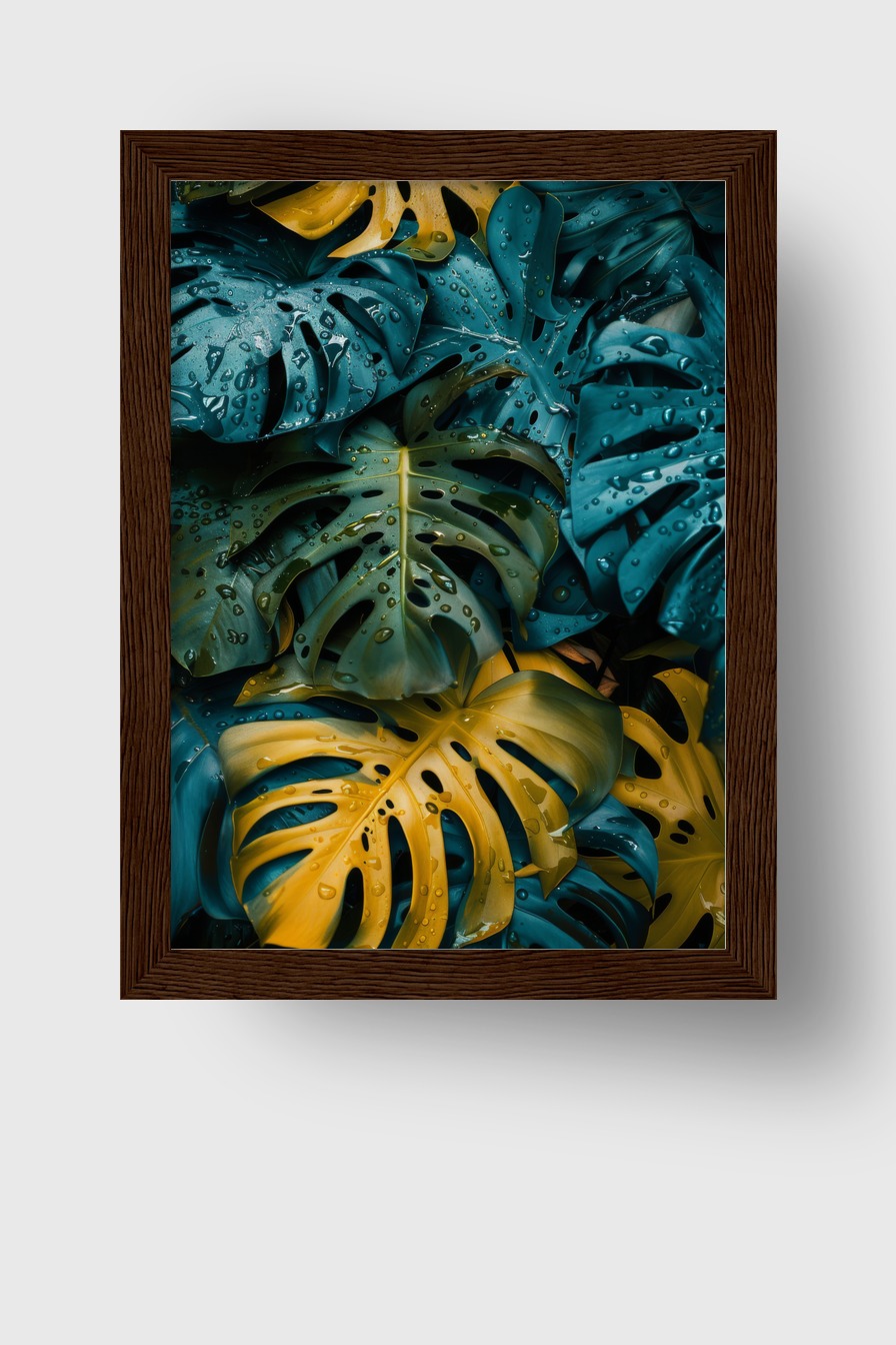 Fotografie Poster Monstera Tropfen Blau Gelb detailreich