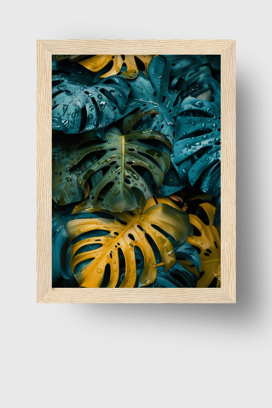 Fotografie Poster Monstera Tropfen Blau Gelb detailreich