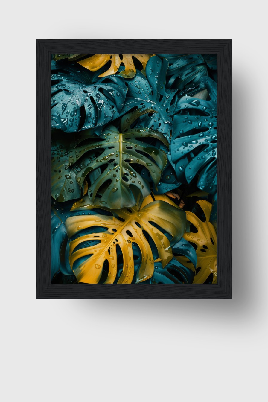 Fotografie Poster Monstera Tropfen Blau Gelb detailreich