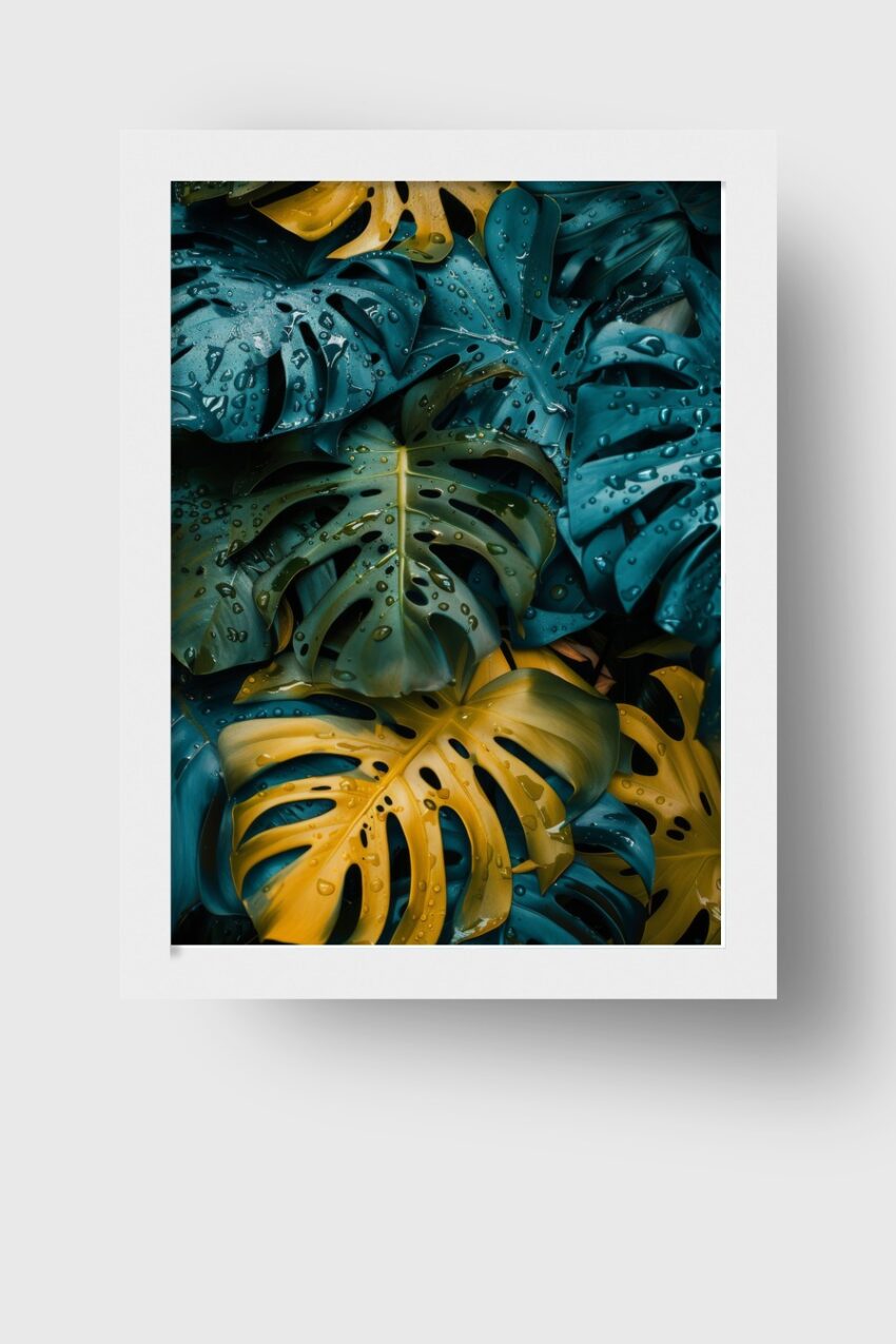 Fotografie Poster Monstera Tropfen Blau Gelb detailreich