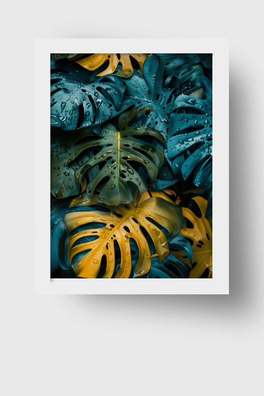 Fotografie Poster Monstera Tropfen Blau Gelb detailreich