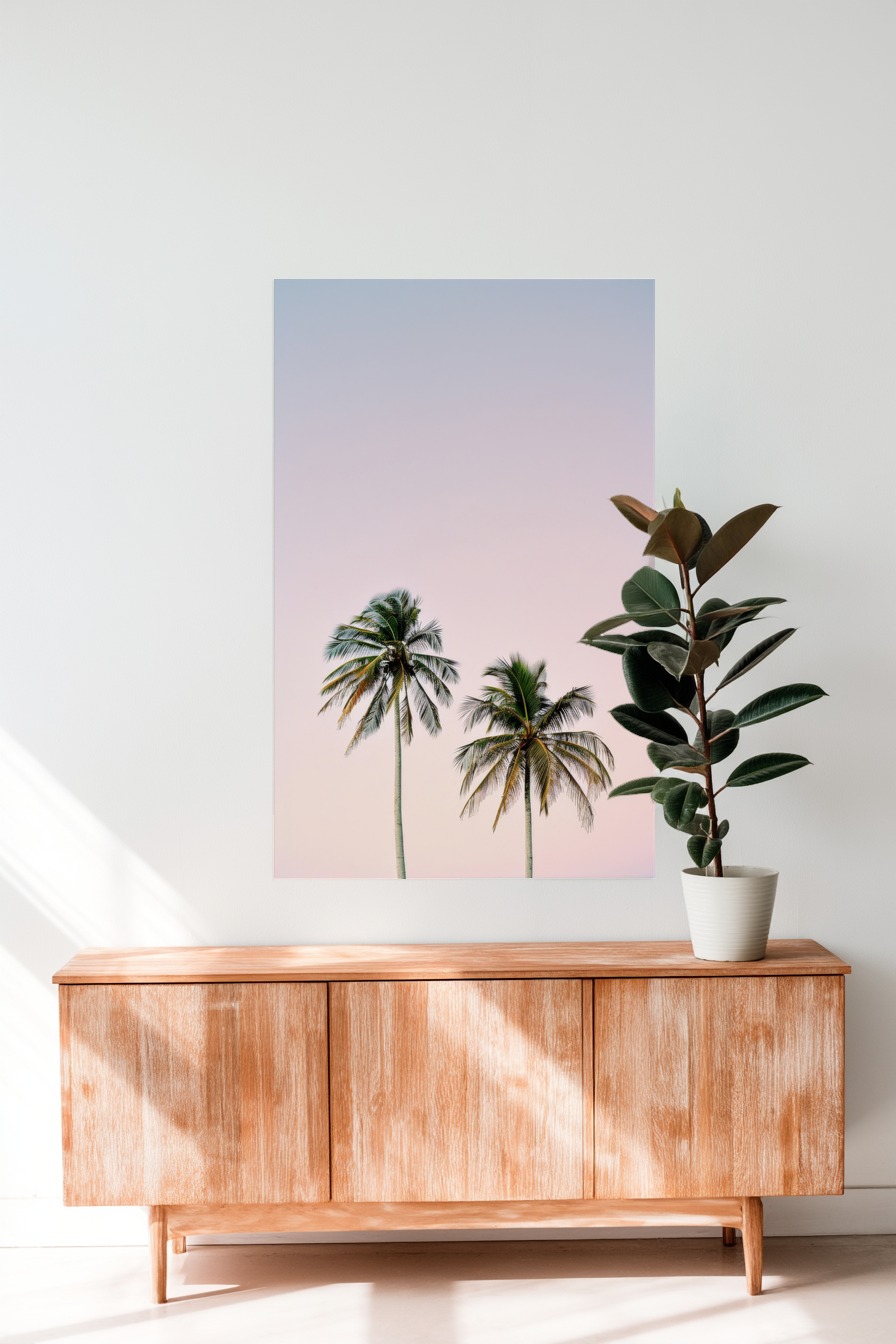 Fotografie Poster Palme Duo Pastell Himmel minimalistisch