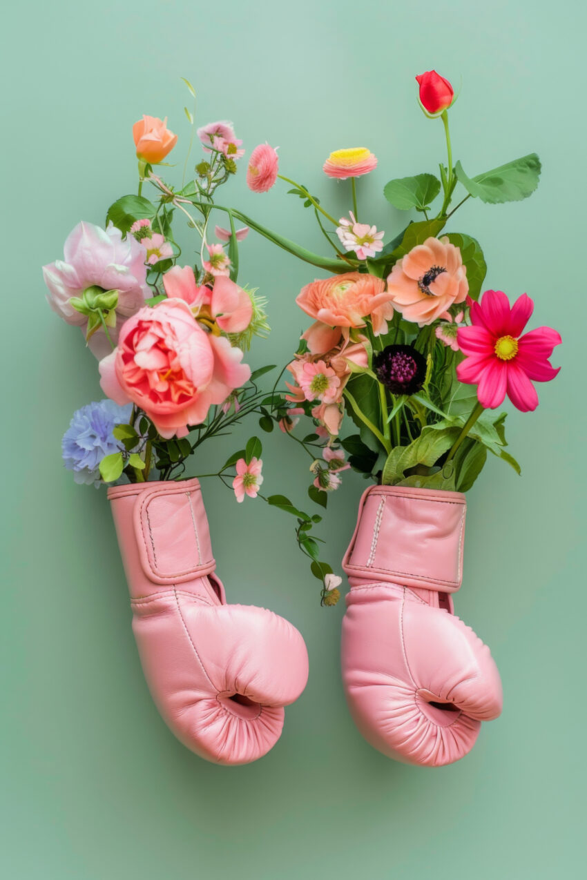 Fotografie Poster Boxhandschuhe rosa bunte Blumen