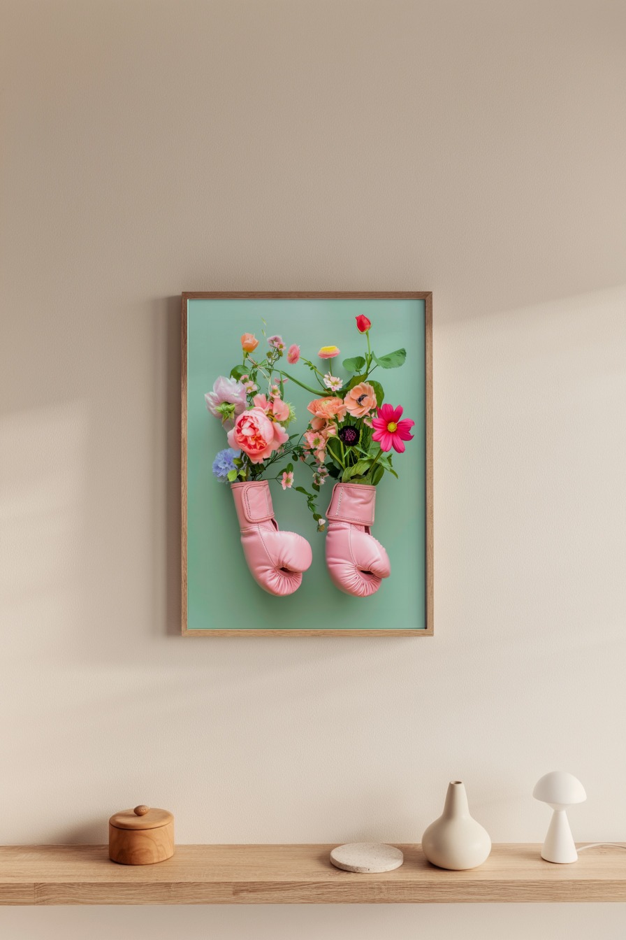 Fotografie Poster Boxhandschuhe rosa bunte Blumen