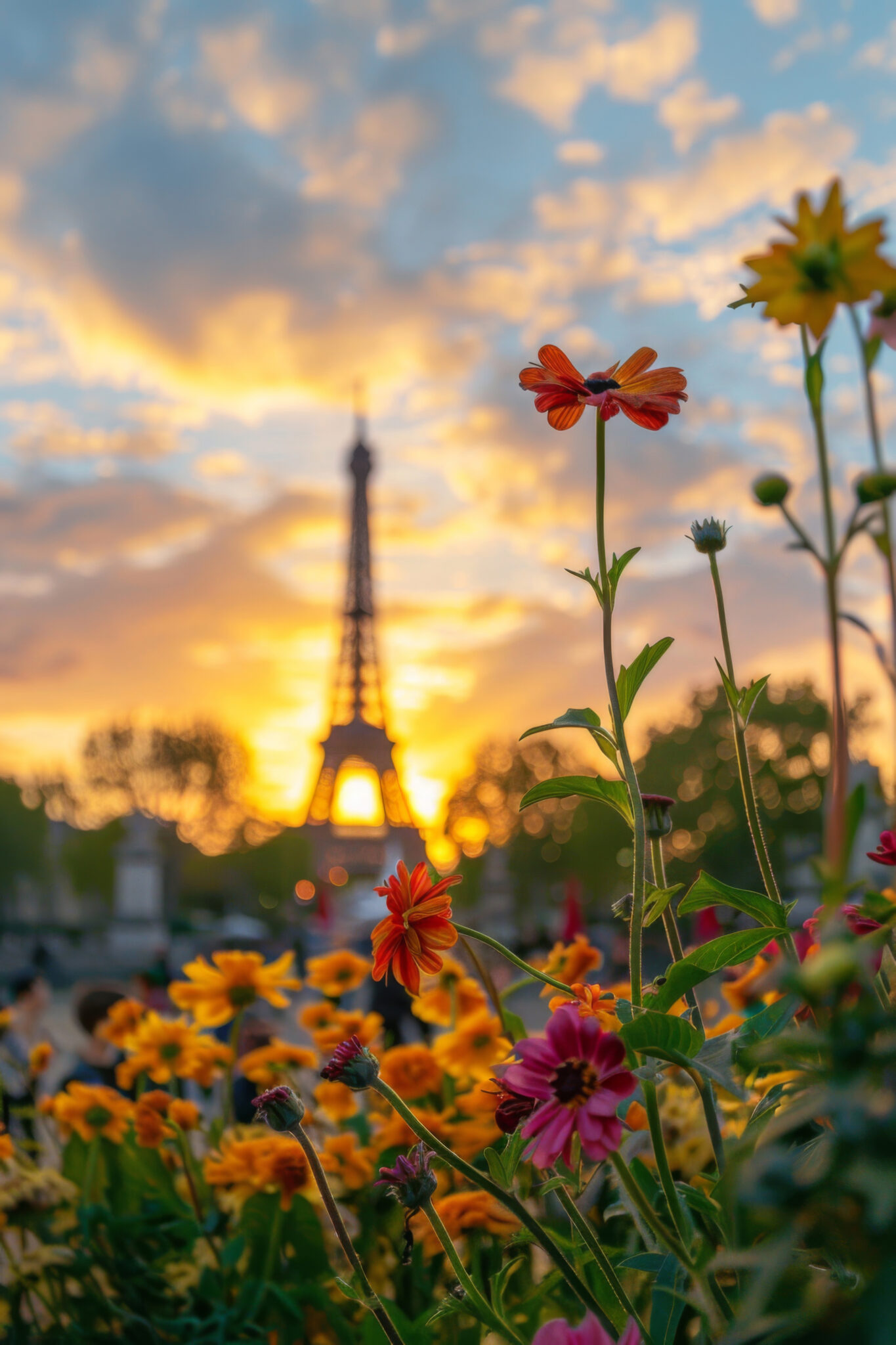 Fotografie Poster Eiffelturm Sonnenuntergang Stadt Blumen orange