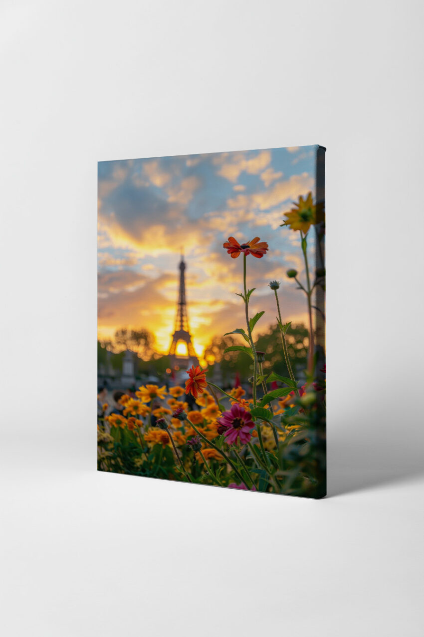 Fotografie Poster Eiffelturm Sonnenuntergang Stadt Blumen orange