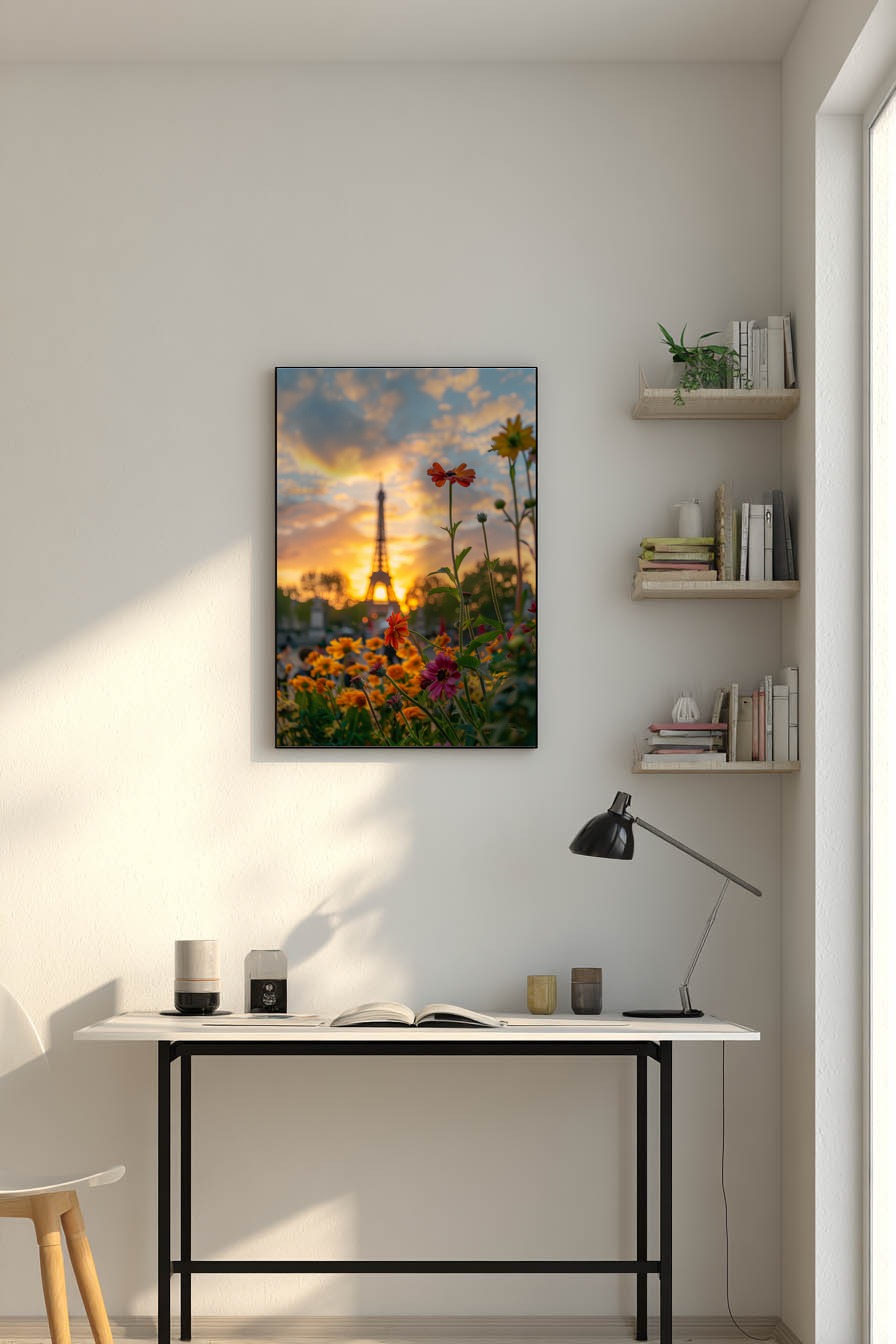 Fotografie Poster Eiffelturm Sonnenuntergang Stadt Blumen orange