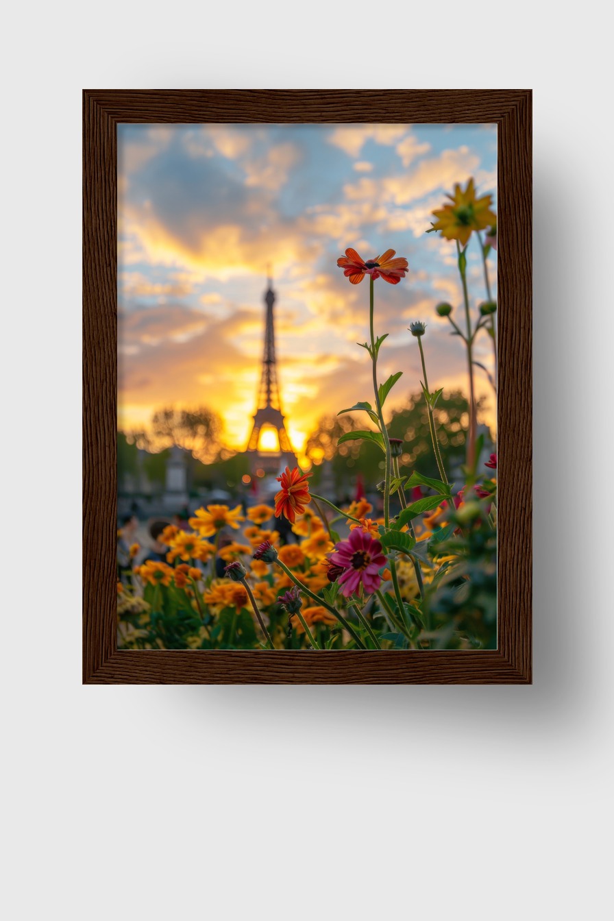 Fotografie Poster Eiffelturm Sonnenuntergang Stadt Blumen orange