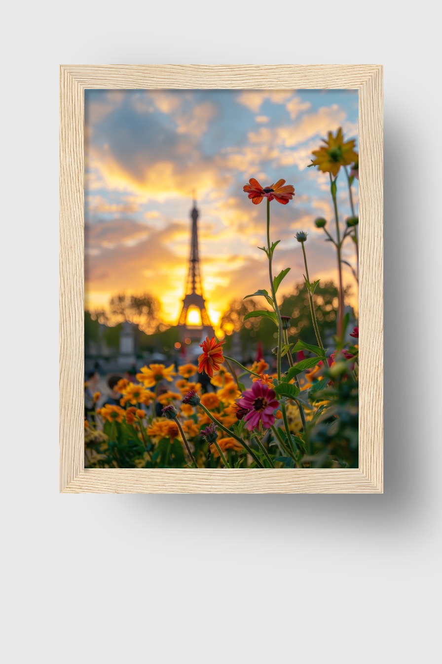 Fotografie Poster Eiffelturm Sonnenuntergang Stadt Blumen orange