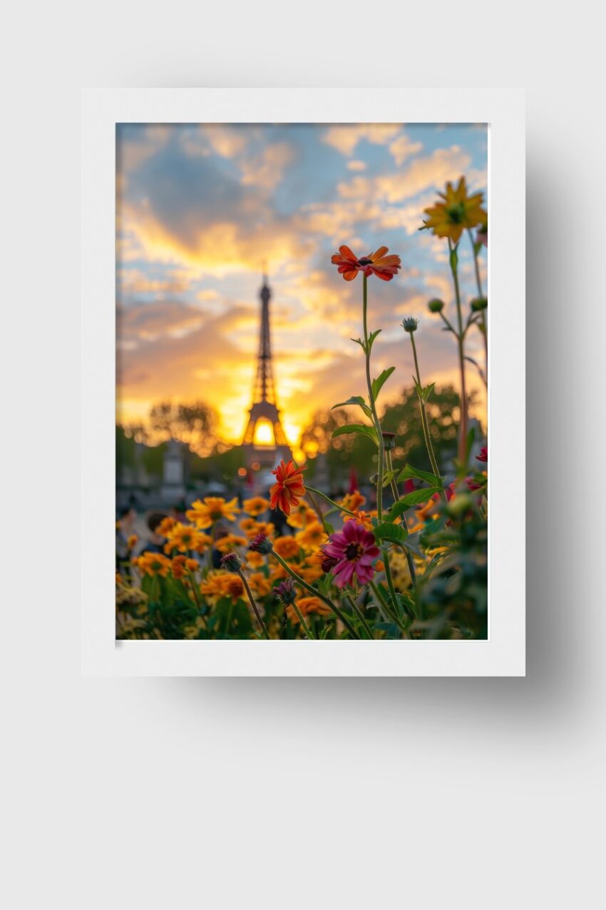 Fotografie Poster Eiffelturm Sonnenuntergang Stadt Blumen orange