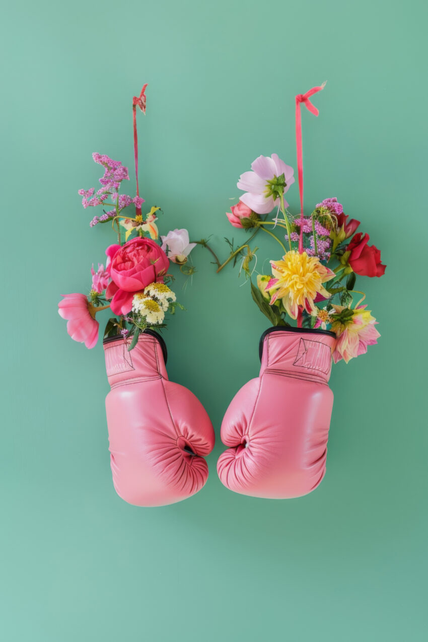 Fotografie Poster Boxhandschuhe Blumen rosa grün kontrast