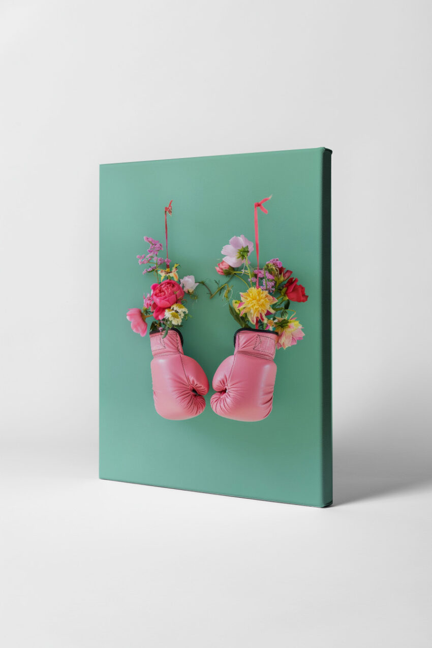 Fotografie Poster Boxhandschuhe Blumen rosa grün kontrast