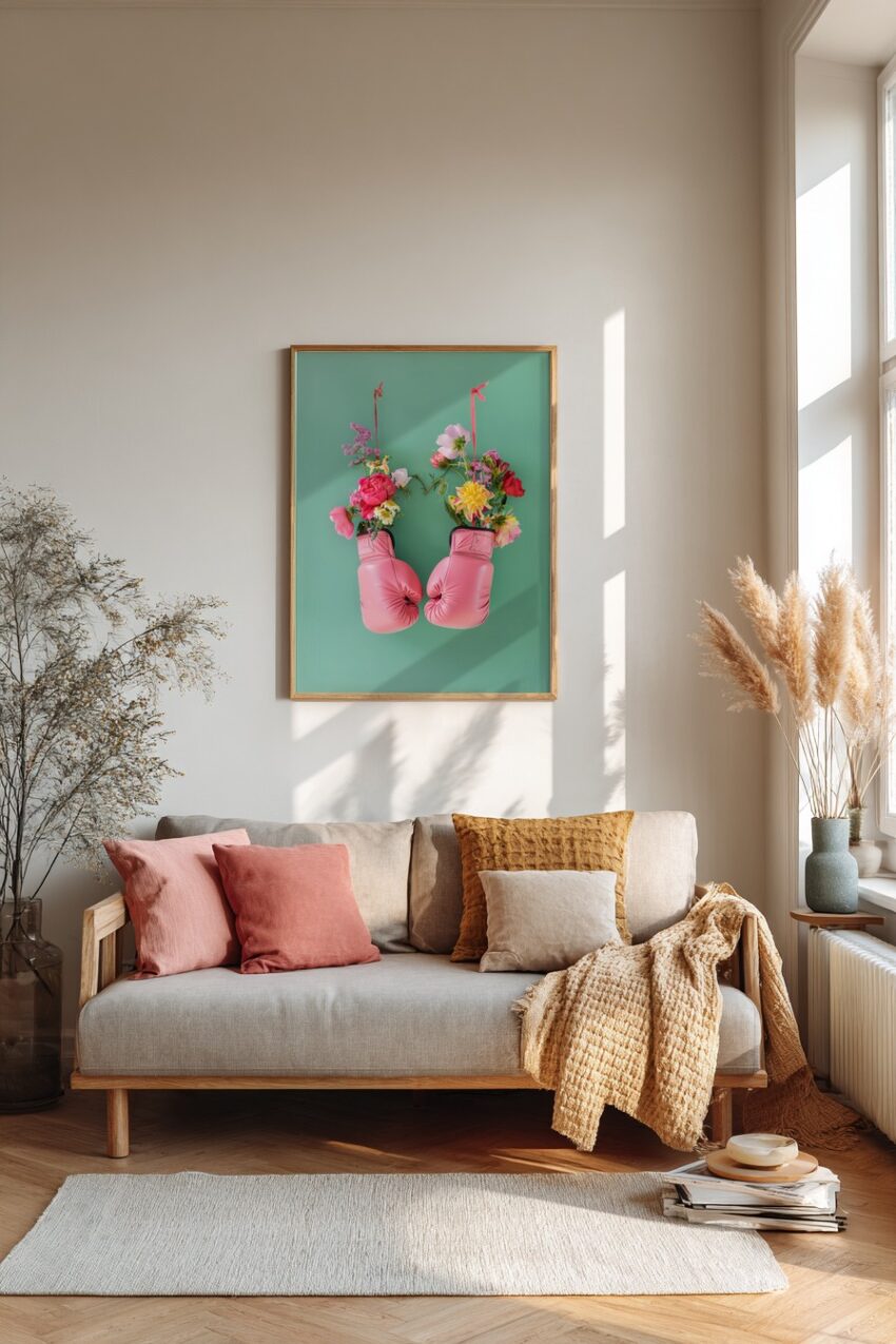 Fotografie Poster Boxhandschuhe Blumen rosa grün kontrast