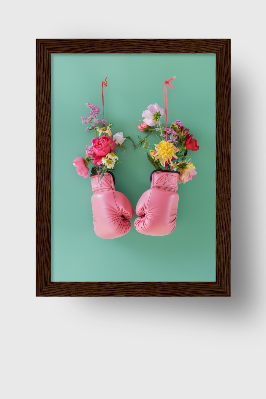 Fotografie Poster Boxhandschuhe Blumen rosa grün kontrast