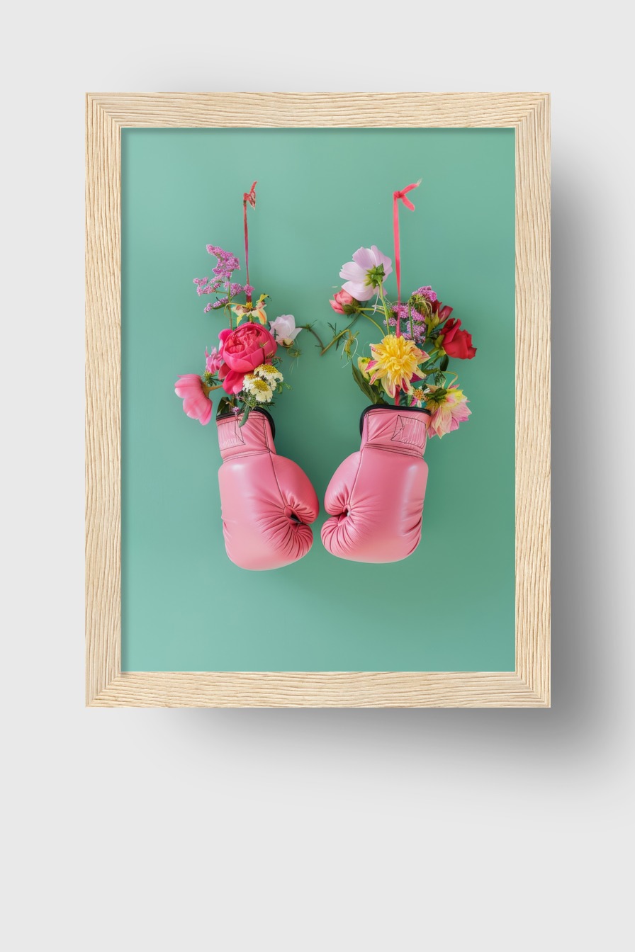 Fotografie Poster Boxhandschuhe Blumen rosa grün kontrast
