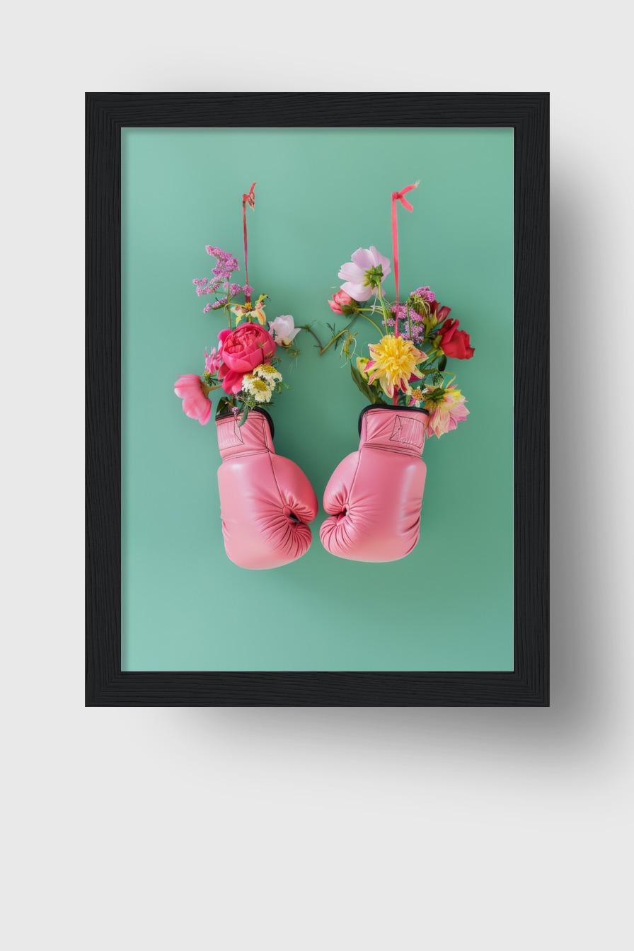 Fotografie Poster Boxhandschuhe Blumen rosa grün kontrast