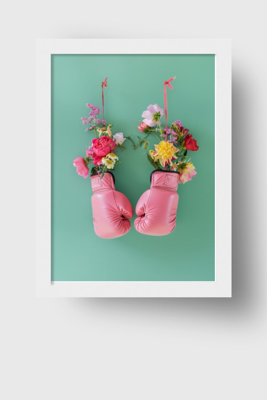 Fotografie Poster Boxhandschuhe Blumen rosa grün kontrast