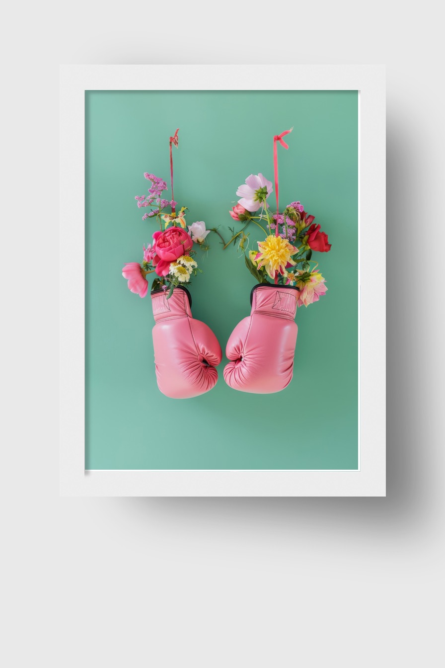 Fotografie Poster Boxhandschuhe Blumen rosa grün kontrast