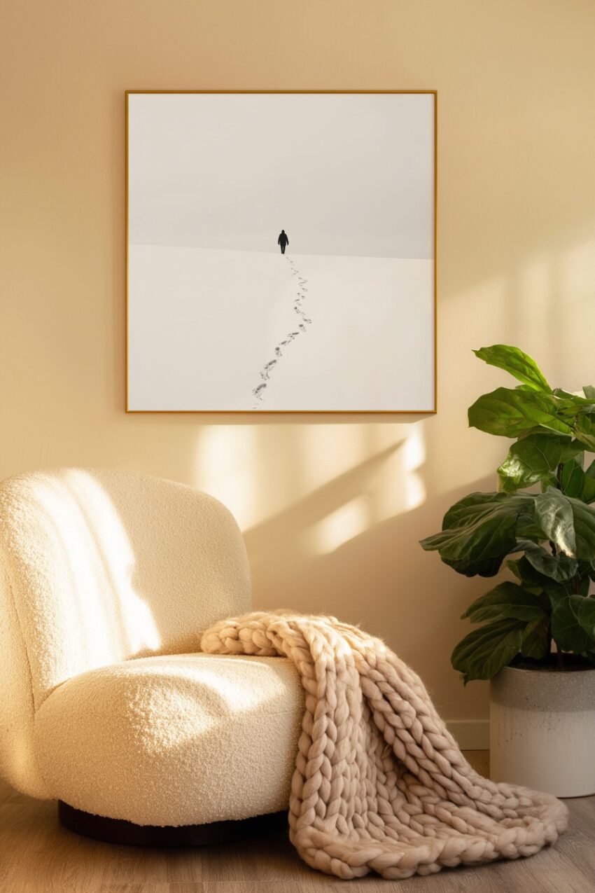 Fotografie Poster Person schwarz-weiß Schnee Fußspuren minimalistisch
