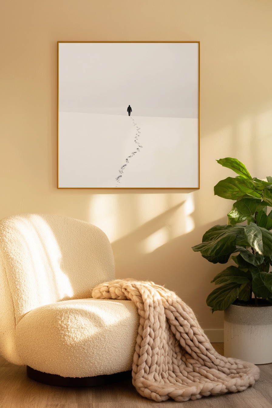 Fotografie Poster Person schwarz-weiß Schnee Fußspuren minimalistisch