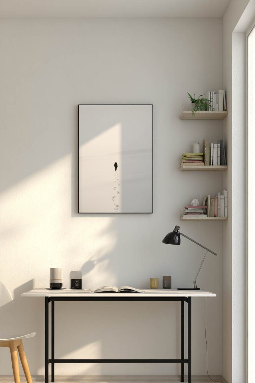 Fotografie Poster Mann Fußspuren Schnee minimalistisch schwarz-weiß