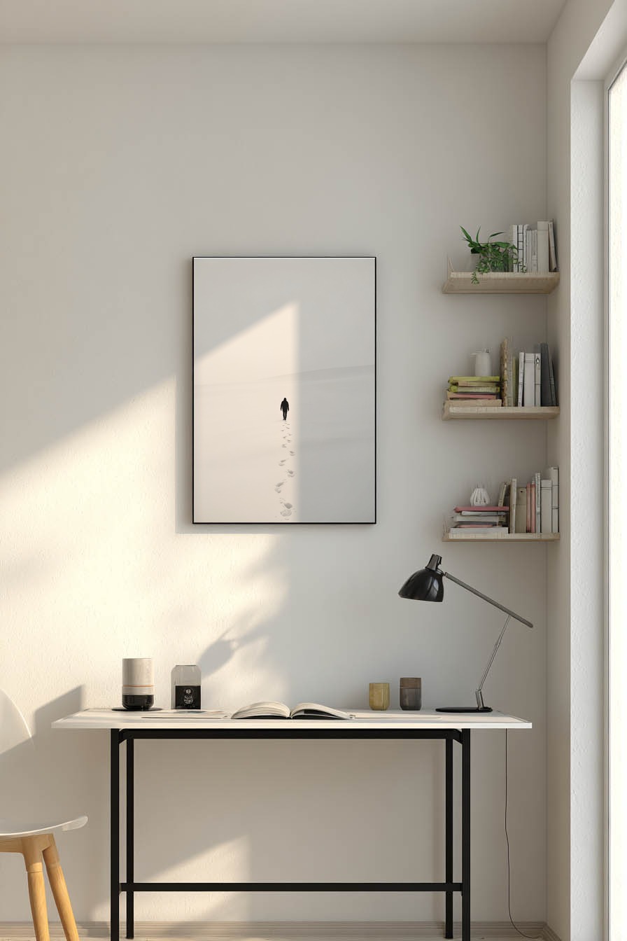 Fotografie Poster Mann Fußspuren Schnee minimalistisch schwarz-weiß
