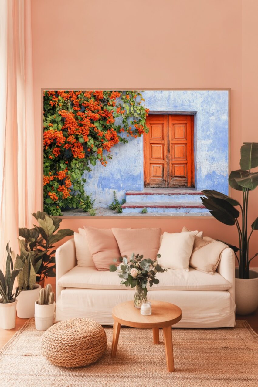 Fotografie Poster Tür Oranger Blumen Kontrast Blau