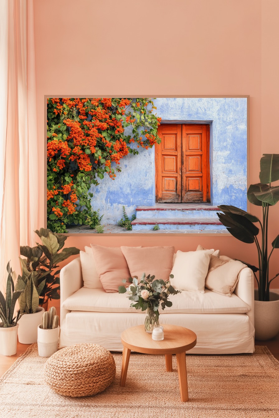 Fotografie Poster Tür Oranger Blumen Kontrast Blau