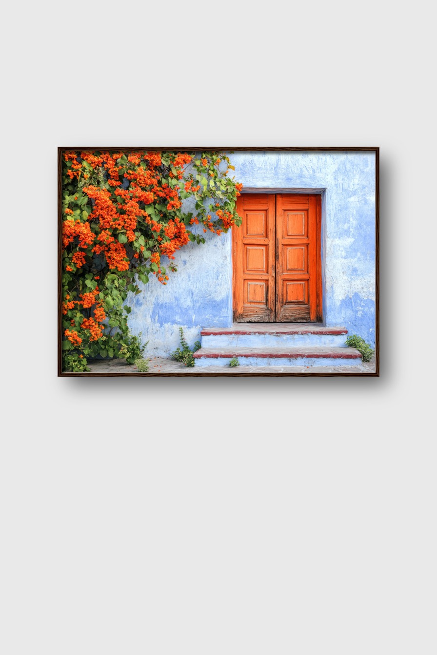 Fotografie Poster Tür Oranger Blumen Kontrast Blau