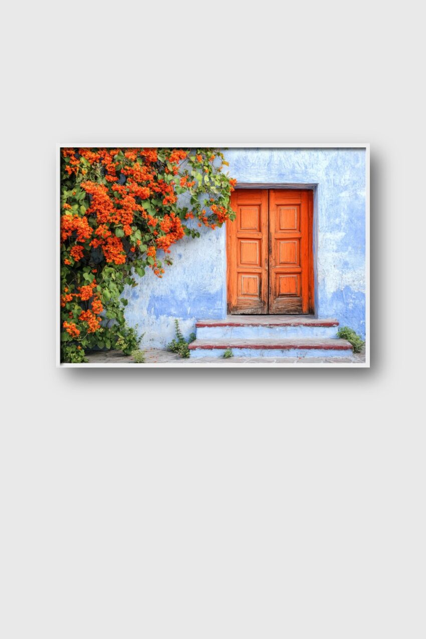 Fotografie Poster Tür Oranger Blumen Kontrast Blau